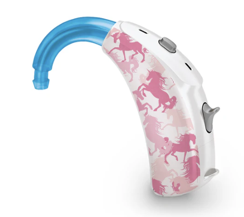 Hearing aid skins in pink horses design